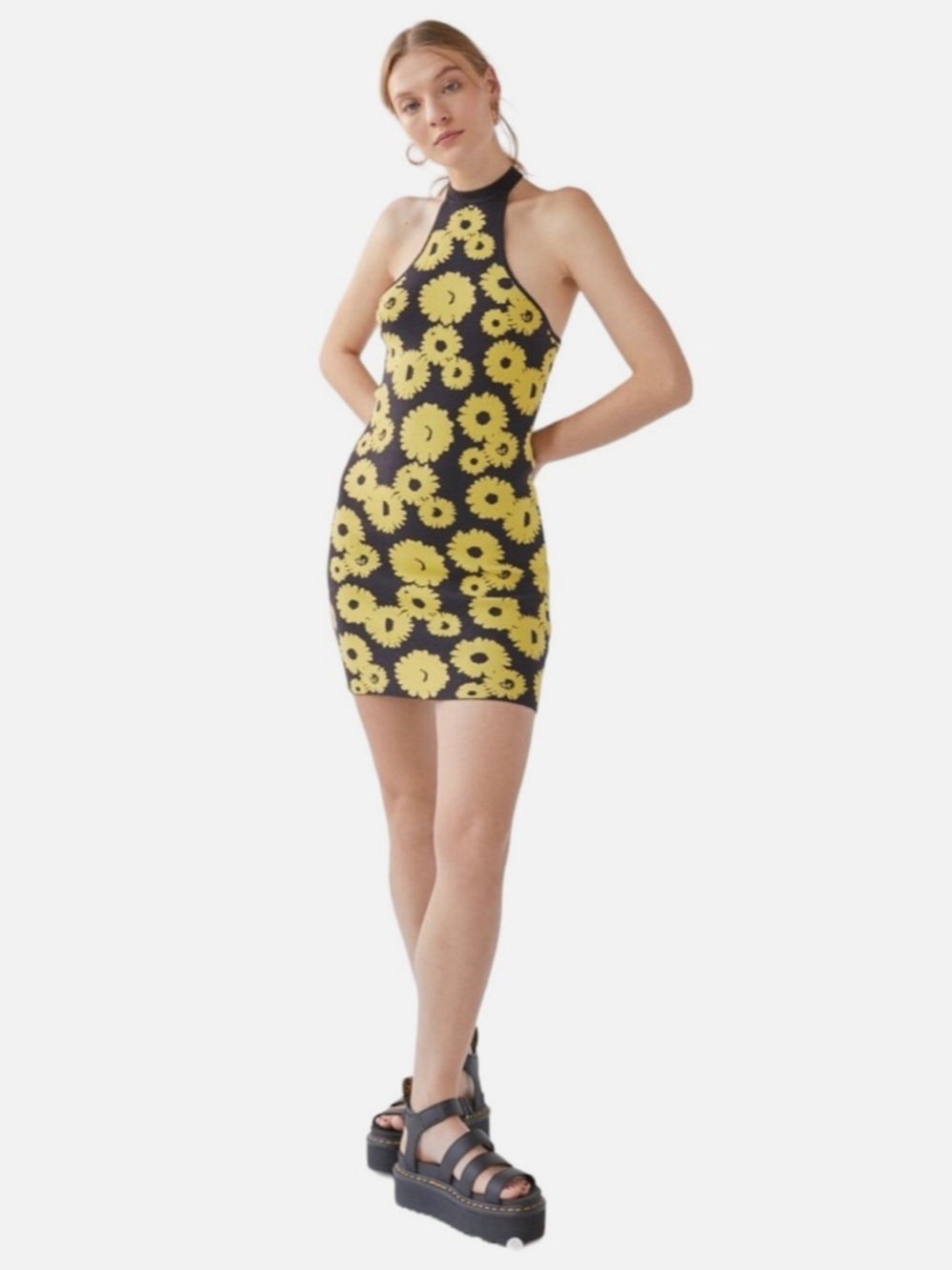Urban Outfitters Yellow and Black Halter Floral Mini Dress